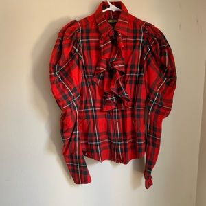 Rugby plaid ruffle sleeve blouse